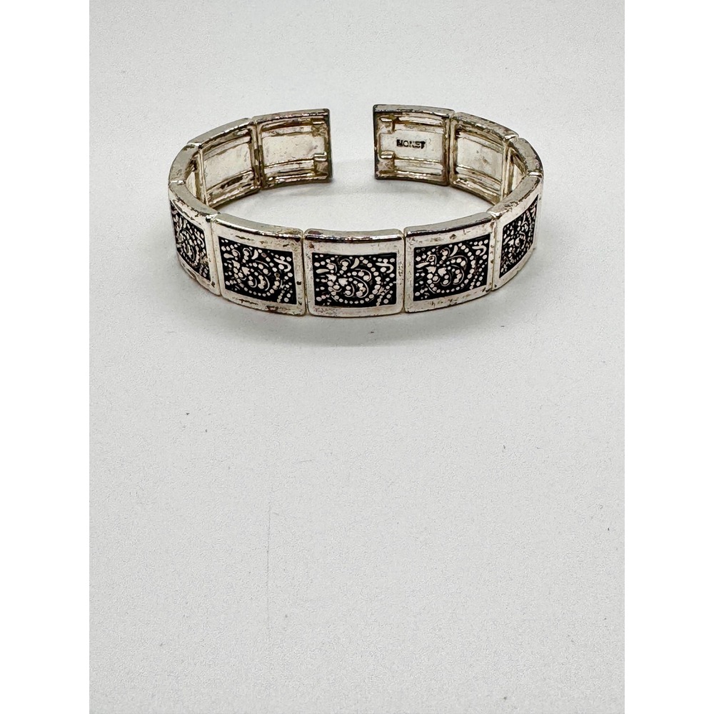 Vintage Monet Silver Tone Paisley Etched Hinged Cuff Bracelet‎ Boho Statement